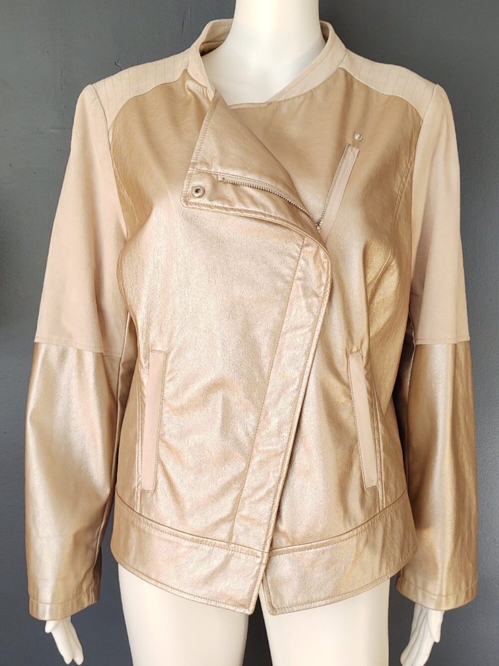 Metallic faux leather & faux suede moto jacket